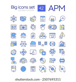 APM RGB color icons set. Real user monitoring. Cross platform, multi device. Domain name system. Isolated vector illustrations. Simple filled line drawings collection. Editable stroke