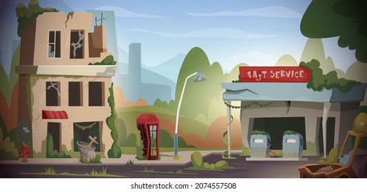 Apocalypse background. War damaged city destructive urban ruins after doomsday. Exact vector cartoon concept picture