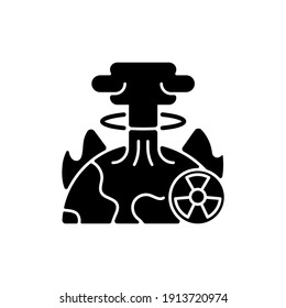 Apocalypse black glyph icon. End of whole world existence. Damaging every people life. Humanity stop living. Awful scenario. Silhouette symbol on white space. Vector isolated illustration