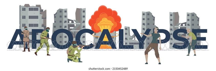 Apocalypse city flat concept with atomic explosion and ruined buildings vector illustration