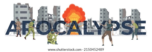 Apocalypse city flat concept with atomic\
explosion and ruined buildings vector\
illustration