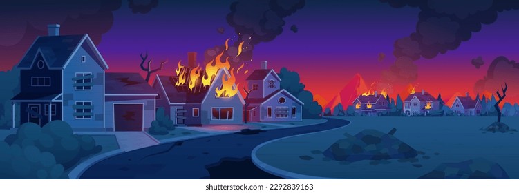 Apocalypse city road with fire building cartoon background. War on broken street with earthquake in ruin neighborhood. Apocalyptic destruction scene game landscape. Abandoned burning village exterior