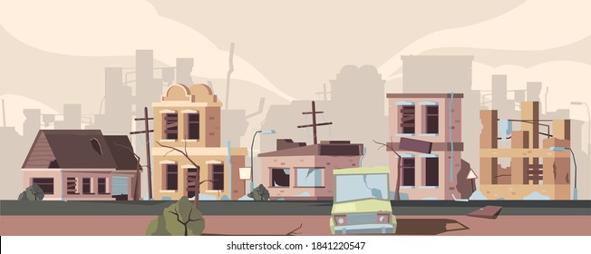 Apocalypse Damaged City. Urban Landscape With Destroyed Houses Decay Trouble Buildings Catastrophe Vector Concept