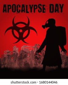 Apocalypse day with gas mask man in ruined city