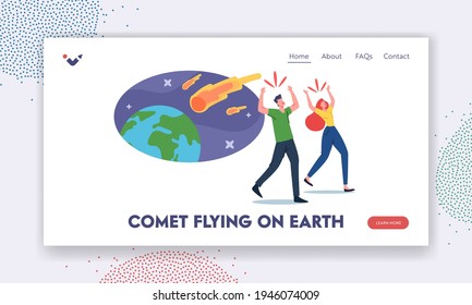 Apocalypse Disaster Landing Page Template. Frightened Characters Run Away from Meteorite Burning Balls Fall on Earth. Natural Phenomenon in Space, Asteroids Falling. Cartoon People Vector Illustration