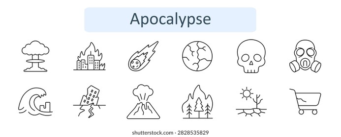 Apocalypse set icon. Mushroom cloud, burning city, falling meteor, cracked earth, human skull, gas mask, tsunami wave, collapsed building, erupting volcano, forest fire, drought land, empty cart.