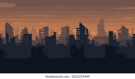 Apocalíptica paisagem urbana silhueta anoitecer horizonte arruinado edifícios céu nublado