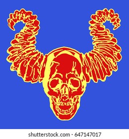 Apocalyptic demon skull with horns. Vector illustration. Blue background.
