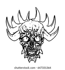 Apocalyptic demon skull with horns. Vector illustration white background.