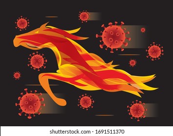  Apocalyptic Fiery horse symbolizing pandemic of coronavirus. Illustration of running orange horse with coronavirus on black background. Vector available.
