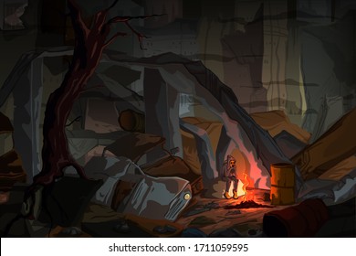 Apocalyptic landscape with a boy in a gas mask sitting by the fire in dark destroyed city. Fog dramatic night. Vector illustration