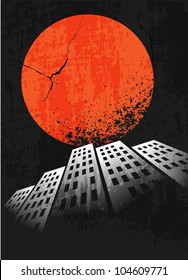 Apocalyptic retro poster. Sunset. Grunge background.