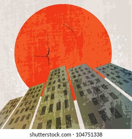 Apocalyptic retro poster. Sunset. Grunge background.