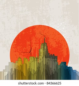 Apocalyptic retro poster. Sunset. Grunge background.