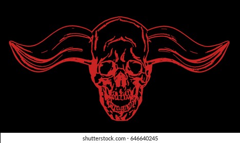 Apocalyptic skull with bullish horns. Vector illustration. Black background.