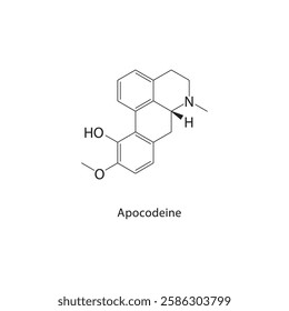 Apocodeine skeletal structure.Opioid derivative compound schematic illustration. Simple diagram, chemical formula.