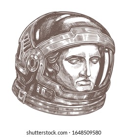 Apollo ancient statue in astronaut or cosmonaut helmet. Greece god like a spaceman in spacesuit. Trendy vector poster concept, vector black and white drawing illustration