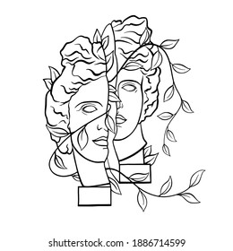 Apollo of Belvedere - Greek - Roman sculpture, head, vintage black and white illustration, creative drawing with plant elements