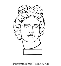 Apollo Belvedere - Greek - Roman sculpture, head, vintage linear black and white illustration