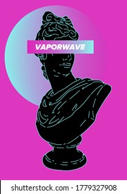Apollo Belvedere statue in neon pink and blue lightning. Classical sculpture in vaporwave retrofuturistic aesthetics style.