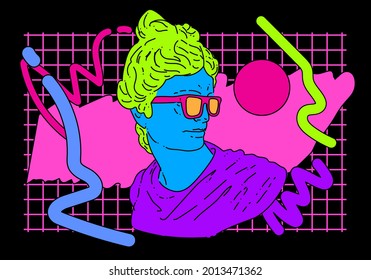 Apollo Belvedere wearing sunglasses. Vector illustration in vaporwave pop art style.