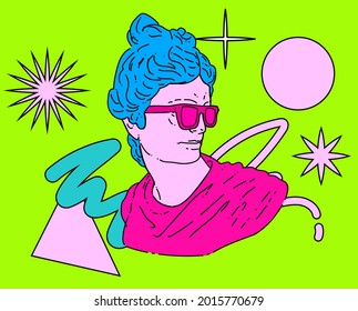 Apollo Belvedere wearing sunglasses. Vector illustration in vaporwave pop art style.