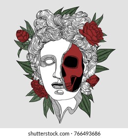 Apollo death skull. Creative modern classical Sculpture. T-Shirt Design & Printing, clothes, bags, posters, invitations, cards, leaflets etc. Vector illustration hand drawn. 