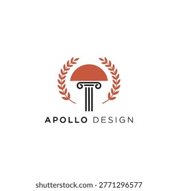 Apollo Design logo combining a classical Ionic column, laurel wreath and half‑sun emblem for elegant branding, architecture, heritage and creative studio identity with a modern, professional look.