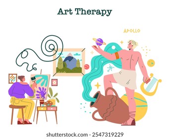 Apollo First Art Therapist concept. Illustrative representation of Apollo inspiring creativity in art therapy with modern and mythological elements. Vector illustration.