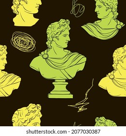 Apollo Geometric plaster head of a statue. Minimalistic bright color collage. Creative seamless wallpaper. hand drawn style image of a handsome man. Vector illustration, fabric print composition.