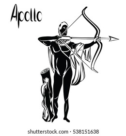 Apollo god with bow and arrow black vector illustration isolated on a white background. Greek or roman god of the light and healer. Snake crawling on the log as symbol healing. Muscular body