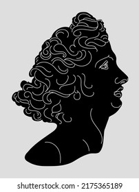 Apollo. Handgezeichnete Schwarze-Linie-Porträtgrafik. Antike Skulptur.