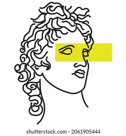 Apollo head, vector black line drawing illustrations of greek god Apollon. Sculpture, head. Creative art. Print design. Engraving