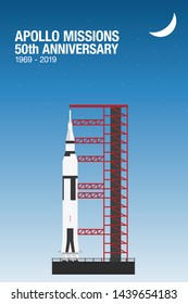 Apollo mission ready for launch. Saturn v rocket at the launch pad. Apollo missions 50th anniversary. 1969-2019.
