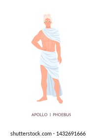 Apollo or Phoebus - god or deity of art, sun and healing in Greek and Roman religion and mythology. Cute male character isolated on white background. Flat cartoon colorful vector illustration.