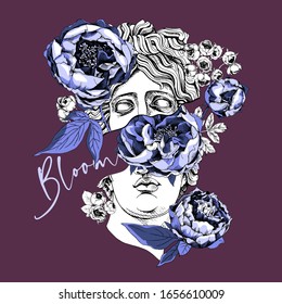 Apollo Plaster head statue with a blue peony flowers and buds on a dark burgundy background. Creative poster, t-shirt composition, hand drawn style print. Vector illustration.