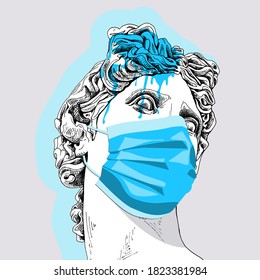 Apollo Plaster head statue in the blue medical mask and with a blot of paint. Creative poster, hand drawn style print. Vector illustration.