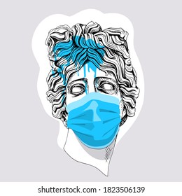 Estatua de la cabeza de Apollo Plaster con la máscara médica azul y con un manojo de pintura. Afiche creativo, impresión a mano. Ilustración vectorial.