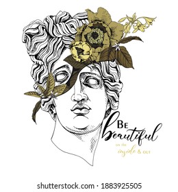 Apollo Plaster head statue with a flowers, buds and leaves. Creative poster, t-shirt composition, hand drawn style print. Vector illustration.