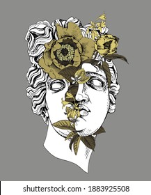 Apollo Plaster head statue with a flowers, buds and leaves. Creative poster, t-shirt composition, hand drawn style print. Vector illustration.