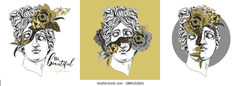 Apollo Plaster head statue with a flowers, buds and leaves. Set collection. Creative poster, t-shirt composition, hand drawn style print. Vector illustration.