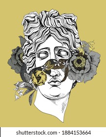 Apollo Plaster head statue with a flowers, buds and leaves. Creative poster, t-shirt composition, hand drawn style print. Vector illustration.