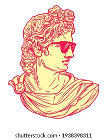 Apollo Plaster head statue in a  glasses. Hymor poster, t-shirt composition, hand drawn style print. Vector illustration. Engraving draw antiquity Greek gods