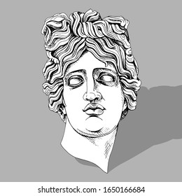 Apollo plaster head statue. Hand drawn style print. Vector illustration.