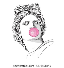 Estatua de la cabeza de Apolo Plaster con un chicle rosa. Afiche del humor, composición en pantalones, impresión a mano. Ilustración vectorial.