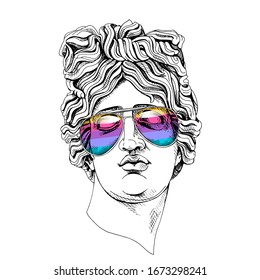 Apollo Plaster head statue in a rainbow glasses. Hymor poster, t-shirt composition, hand drawn style print. Vector illustration.