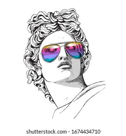 Apollo Plaster head statue in a rainbow glasses. Hymor poster, t-shirt composition, hand drawn style print. Vector illustration.