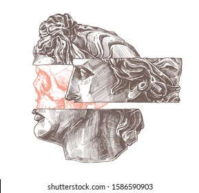 Apollo profile, ancient head and human skull in statue. Trendy fashion new retro and postmodernism print concept with, sketch detailed tattoo illustration. Surreal antique sculpture, academic drawing