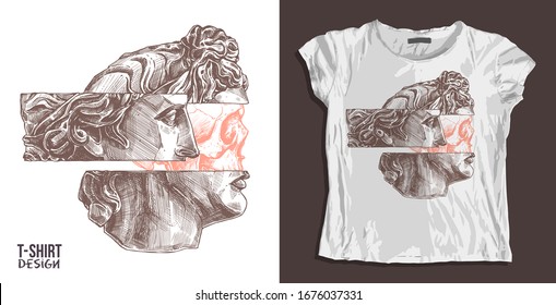 Apollo profile, ancient head and human skull in statue. Trendy fashion t-shirt Printing design or template. Urban clothes mockup and template. Surreal antique concept