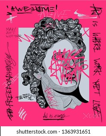 Apollo sculpture. Creative modern pink calligraphy poster.  T-Shirt Design & Printing, clothes, bags, posters, invitations, cards, leaflets etc. Vector illustration hand drawn. 